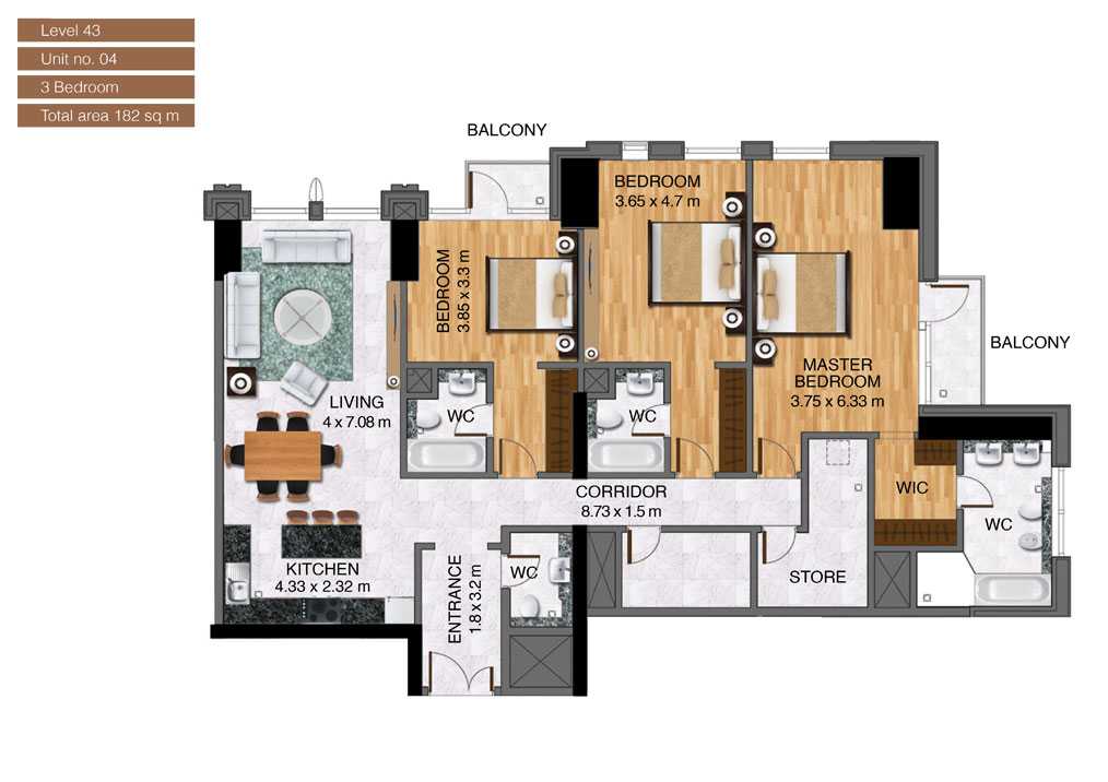 Level-43,Unit-no-4-,3-Bedroom-,Size-182-Sq m
